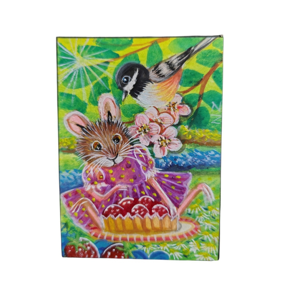 Aeco Original Art Card Painting Signed by artist n. Gem? Cute mouse and bird